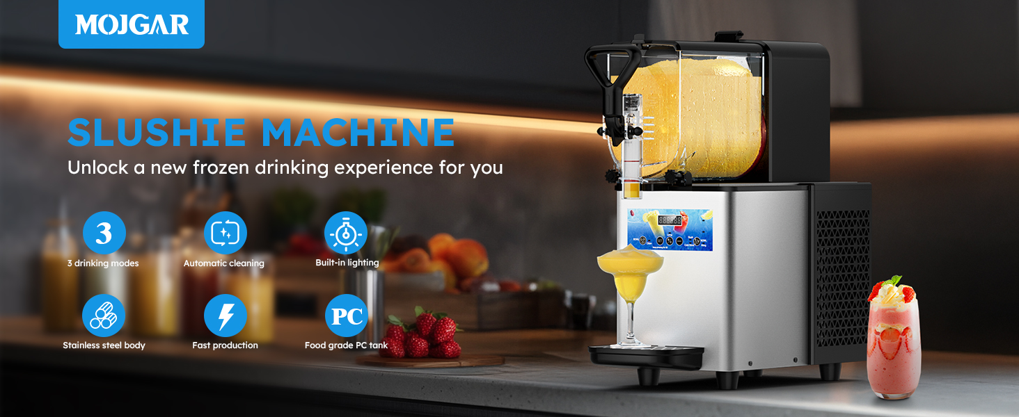 Mojgar Pro 3L Slush Machine with 3 drink modes, automatic cleaning, built-in lighting, stainless steel body, and a food-grade PC tank. Fast production ensures quick and delicious frozen drinks for home, parties, bars, and cafés.